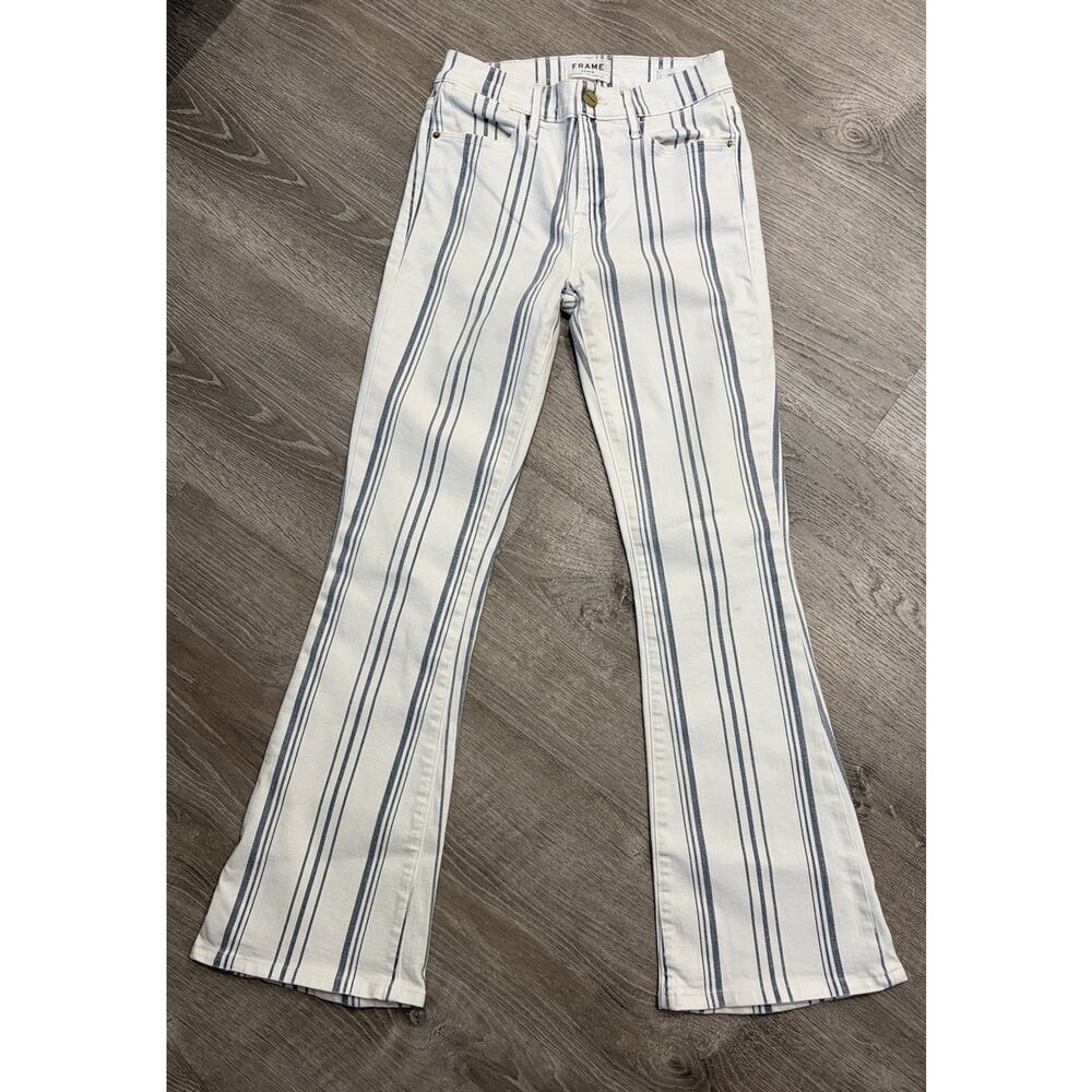 Frame Le High Flare White Blue Stripe Jeans 26 Preppy Festival - Picture 3 of 5